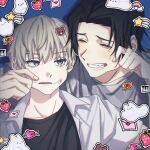  2boys black_hair black_shirt blue_background cheek_pull closed_eyes inumaki_toge jujutsu_kaisen male_focus medium_hair mi_muuuu multiple_boys okkotsu_yuuta open_mouth shirt short_hair sticker sweatdrop white_hair 