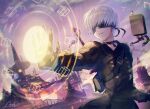  1boy black_coat coat covered_eyes gloves grey_gloves highres lira_mist long_sleeves male_focus nier:automata nier_(series) outdoors parted_lips pod_(nier:automata) short_hair solo standing upper_body white_hair yorha_no._9_type_s 