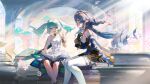  2girls :d absurdres aqua_hair bare_shoulders black_gloves blue_hair blue_hood blue_sleeves blurry blurry_background blurry_foreground blush book book_on_lap book_stack bracelet choker claw_ring clothing_cutout commentary_request depth_of_field detached_sleeves dress drill_hair drill_locks eyelashes faruzan_(genshin_impact) feet_out_of_frame floating_hair genshin_impact gloves gold_choker green_eyes hair_between_eyes hair_ornament hand_up highres hood hood_up index_finger_raised indoors jewelry layla_(genshin_impact) light_particles light_rays long_hair long_sleeves looking_at_viewer multicolored_clothes multicolored_dress multiple_girls open_book open_mouth pantyhose pointy_ears profile puffy_detached_sleeves puffy_sleeves rafaelaaa short_sleeves shoulder_cutout sidelocks sitting smile sunlight thighlet twin_drills twintails very_long_hair white_dress white_pantyhose window x_hair_ornament yellow_eyes 