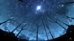  clouds commentary english_commentary falling_star forest from_below highres light light_particles nature night night_sky no_humans original outdoors rune_xiao scenery signature sky star_(sky) starry_sky still_life 