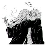  2boys black_jacket black_nails blonde_hair cigarette daybit_sem_void fate/grand_order fate_(series) jacket kiss kissing_cheek long_hair looking_at_viewer male_focus monochrome multiple_boys nobicco one_eye_closed open_clothes open_jacket shirt short_hair simple_background smoke sunglasses tezcatlipoca_(fate) translation_request trench_coat white_background white_shirt 