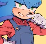  1boy animal_nose blue_fur blue_jumpsuit blush collared_shirt cosplay crossover furry furry_male gloves green_eyes half-closed_eyes hand_on_own_hip hand_up hedgehog jumpsuit long_sleeves looking_at_viewer male_focus mario mario_(cosplay) pocket red_shirt shirt simple_background sk_rokuro smile smug solo sonic_(series) sonic_the_hedgehog standing super_mario_bros. teeth white_gloves yellow_background 