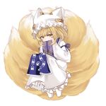  1girl animal_ears blonde_hair dress fox_ears fox_tail full_body hands_in_opposite_sleeves hat highres mob_cap multiple_tails sarasadou_dan short_hair simple_background sleeves_past_fingers sleeves_past_wrists socks solo tabard tail touhou white_background white_dress white_headwear white_socks wide_sleeves yakumo_ran yellow_eyes 