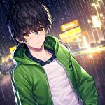  1boy black_hair cityscape green_jacket looking_at_viewer night rain roblox robloxian self_upload stable_diffusion theinfamousguil white_shirt white_skin yellow_eyes 