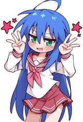  1girl :3 ahoge blue_hair blush collarbone commentary_request contrapposto cowboy_shot dot_nose double_horizontal_stripe green_eyes hair_between_eyes hair_over_shoulder hands_up izumi_konata jitome korean_commentary long_hair long_sleeves looking_at_viewer lucky_star m1ch miniskirt mole mole_under_eye neckerchief open_mouth pink_neckerchief pleated_skirt red_sailor_collar red_skirt ryouou_school_uniform sailor_collar school_uniform serafuku shirt simple_background skirt smile solo star_(symbol) straight_hair very_long_hair w_arms white_background white_serafuku white_shirt 