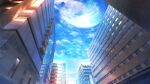  blue_sky building city clouds day full_moon highres moon no_humans original outdoors scenery sky smile_(qd4nsvik) window 