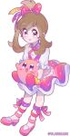  1girl anklet blush bow brown_hair carrying commentary_request crossover earrings eyelashes frills hair_bow high_heels highres jewelry kirby kirby_(series) knees may_(pokemon) open_mouth pink_bow pink_footwear pokemon pokemon_(game) pokemon_oras shirt short_sleeves skirt smile transparent_background violet_eyes watermark white_shirt yajuuraku 