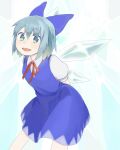  1girl :d arms_behind_back blue_bow blue_dress blue_eyes blue_hair blush bow cirno citrus_(place) dress feet_out_of_frame flat_chest grey_background hair_between_eyes hair_bow ice ice_wings leaning_forward legs_apart looking_at_viewer open_mouth pinafore_dress puffy_short_sleeves puffy_sleeves red_ribbon ribbon short_hair short_sleeves simple_background sleeveless sleeveless_dress smile solo touhou wing_collar wings 