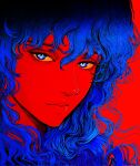  1boy androgynous berserk blue_eyes closed_mouth griffith_(berserk) highres long_hair looking_at_viewer nisino2222 red_background solo wavy_hair 