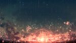  chinese_commentary clouds commentary_request grass highres light_particles night night_sky no_humans original outdoors rain rune_xiao scenery signature sky star_(sky) starry_sky still_life sun sunset 