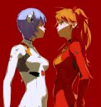 2girls arms_at_sides ayanami_rei blue_eyes blue_hair bodysuit breasts facing_another from_side hair_ornament hairpods hand_on_own_hip highres interface_headset light_blue_hair long_hair looking_at_another multiple_girls neon_genesis_evangelion orange_hair pilot_suit plugsuit red_background red_bodysuit red_eyes sheya_tin short_hair simple_background souryuu_asuka_langley standing white_bodysuit 