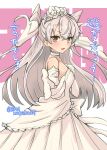  1girl absurdres alternate_costume amatsukaze_(kancolle) bare_shoulders breasts brown_eyes commentary_request dress elbow_gloves flower foreshortening gloves grey_hair hair_flower hair_ornament highres kantai_collection kitahama_(siroimakeinu831) long_hair one-hour_drawing_challenge small_breasts solo strapless strapless_dress translation_request twitter_username two_side_up wedding_dress white_dress white_gloves 