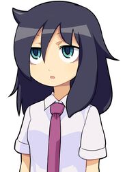  1girl bags_under_eyes black_hair blue_eyes breasts collared_shirt commentary_request expressionless hair_between_eyes hospital_king kuroki_tomoko long_bangs long_hair necktie open_mouth purple_necktie shirt short_sleeves simple_background small_breasts solo upper_body watashi_ga_motenai_no_wa_dou_kangaetemo_omaera_ga_warui! white_background white_shirt 