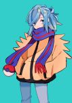  1boy aqua_eyes aqua_hair commentary_request eyelashes green_background grey_pants grusha_(pokemon) hands_in_pockets highres jacket looking_at_viewer male_focus medium_hair pants poke_ball_print pokemon pokemon_(game) pokemon_sv scarf scarf_over_mouth solo standing striped striped_scarf ukocome yellow_jacket 