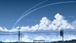  bench blue_sky chinese_commentary clouds commentary_request day highres no_humans original outdoors power_lines rune_xiao scenery sign signature sky star_(sky) starry_sky still_life utility_pole 