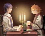  2boys absurdres alear_(fire_emblem) alear_(male)_(fire_emblem) blue_hair bottle braid candle candlestand closed_eyes cup earrings fire_emblem fire_emblem_engage highres holding holding_cup jewelry long_sleeves looking_at_another male_focus multicolored_hair multiple_boys omlililimo orange_hair pandreo_(fire_emblem) praying short_hair wine_bottle 