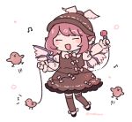  1girl animal animal_ears beamed_eighth_notes bird bird_ears bird_wings black_footwear blush_stickers brown_dress brown_headwear brown_thighhighs closed_eyes dress earrings eighth_note hat holding holding_microphone jewelry long_sleeves microphone mozukuzu_(manukedori) musical_note mystia_lorelei open_mouth pink_hair shoes short_hair simple_background single_earring sleeve_garter smile solo thigh-highs touhou twitter_username white_background white_wings winged_footwear winged_hat wings 