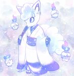  1girl alolan_vulpix blue_eyes blue_fire bright_pupils closed_mouth commentary_request fire flame full_body furry hair_ornament holding japanese_clothes kimono litwick looking_at_viewer outline personification pokemon pokemon_(creature) purple_footwear purple_sash sandals sash smile snowflake_hair_ornament standing watermark white_kimono white_pupils wide_sleeves yajuuraku 