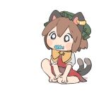  1girl animal_ears barefoot blush_stickers bow bowtie brown_hair cat_ears cat_tail chen chibi citrus_(place) earrings fish full_body jewelry mouth_hold multiple_tails nekomata o_o red_skirt red_vest short_hair simple_background single_earring skirt skirt_set solo tail touhou two_tails vest white_background yellow_bow yellow_bowtie 