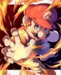  1boy blue_overalls brown_hair facial_hair fire gloves hat looking_at_viewer mario mustache overalls red_headwear solo super_mario_bros. ten_(tenchan_man) white_gloves 