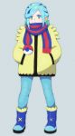  1boy absurdres aqua_eyes aqua_hair aqua_pants blue_footwear blue_scarf boots closed_mouth commentary_request eyelashes full_body grey_background grusha_(pokemon) hands_in_pockets highres jacket koroni_(nkrgs) male_focus pants poke_ball_print pokemon pokemon_(game) pokemon_sv scarf solo standing striped striped_scarf yellow_jacket 