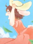  1girl ahoge animal_ears blurry blush brown_hair citrus_(place) closed_eyes clouds cumulonimbus_cloud day depth_of_field dress flat_chest from_side hands_up happy hat holding holding_clothes holding_hat inaba_tewi leaf open_mouth outdoors petite pink_dress profile puffy_short_sleeves puffy_sleeves rabbit_ears rabbit_tail short_hair short_sleeves sky solo sun_hat tail touhou 