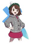  1girl :d bob_cut brown_eyes brown_hair buttons cable_knit cardigan collared_dress dress gloria_(pokemon) green_headwear grey_cardigan hands_on_own_hips hat highres hooded_cardigan ia_(ilwmael9) legs_apart open_mouth pink_dress pokemon pokemon_(game) pokemon_swsh short_hair smile solo tam_o&#039;_shanter tongue 