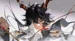 1boy akai_999 animal_ears arknights black_hair crying crying_with_eyes_open ebenholz_(arknights) epaulettes goat_boy goat_ears goat_horns grey_background hair_between_eyes highres horns looking_at_viewer male_focus short_hair_with_long_locks solo tears violet_eyes 