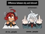  2girls ahoge asticassia_school_uniform dark-skinned_female dark_skin difference_between_shy_and_introvert_(meme) double_middle_finger eggtempest english_text flying_sweatdrops grey_eyes grey_hair gundam gundam_suisei_no_majo looking_at_viewer meme middle_finger miorine_rembran multiple_girls nervous redhead school_uniform suletta_mercury thick_eyebrows 