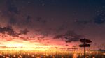  bird chinese_commentary clouds commentary_request grass highres horizon light_particles no_humans original outdoors rune_xiao scenery sign signature sky star_(sky) starry_sky sunset 