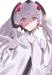  1girl bodysuit cross-shaped_pupils floating_hair_ornament hair_between_eyes long_hair looking_at_viewer luna_(punishing:_gray_raven) parted_lips punishing:_gray_raven red_eyes solo symbol-shaped_pupils twintails white_background white_bodysuit white_hair xfwxwfx 