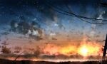  absurdres chinese_commentary clouds commentary grass highres mountain no_humans original outdoors power_lines rune_xiao scenery signature sky star_(sky) starry_sky still_life sun sunset 
