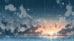 chinese_commentary clouds commentary gradient_sky highres mountainous_horizon no_humans ocean original outdoors rain rune_xiao scenery signature sky star_(sky) starry_sky still_life sun sunset 