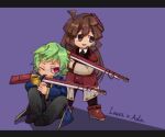  1boy 1girl ahoge black_eyes black_footwear black_necktie black_pants blue_coat boots brown_hair coat commentary_request employee_(lobotomy_corporation) green_hair grey_pants gun holding holding_gun holding_weapon layered_sleeves lobotomy_corporation long_hair long_sleeves necktie no_nose one_eye_closed open_clothes open_coat open_mouth pants pink_eyes pipe_in_mouth project_moon red_coat red_footwear red_vest shirt short_hair short_over_long_sleeves short_sleeves sitting smile smoking_pipe tesna vest weapon white_shirt 