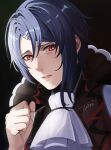  1boy alcryst_(fire_emblem) ascot black_background blue_hair fire_emblem fire_emblem_engage hair_between_eyes hair_ornament hairclip high_collar highres looking_at_viewer red_eyes short_hair solo tori_art07 white_ascot 