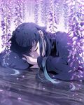  1boy aqua_hair arm_pillow black_hair closed_eyes demon_slayer_uniform dutch_angle flower hana_ni_nare highres kimetsu_no_yaiba long_hair long_sleeves male_focus multicolored_hair one_eye_covered petals purple_theme reflective_floor signature sleeping solo streaked_hair tokitou_muichirou upper_body white_background wide_sleeves wisteria wooden_floor 