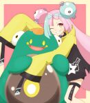  1girl affectionate bellibolt bike_shorts blush border character_hair_ornament commentary_request green_hair grin hair_ornament happy highres iono_(pokemon) jacket koroni_(nkrgs) long_hair multicolored_hair one_eye_closed pink_background pink_hair pokemon pokemon_(creature) pokemon_(game) pokemon_sv sleeves_past_fingers sleeves_past_wrists smile star_(symbol) star_print teeth thigh_strap two-tone_hair yellow_border yellow_jacket 