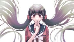  1girl black_sailor_collar blunt_bangs bow bowtie breast_pocket brown_hair danganronpa_(series) danganronpa_v3:_killing_harmony earrings floating_hair hair_ornament hair_scrunchie hairclip harukawa_maki highres index_finger_raised jewelry long_hair long_sleeves looking_at_viewer low_twintails mole mole_under_eye pocket red_eyes red_scrunchie red_shirt sailor_collar satori_(aosky9077) school_uniform scrunchie shirt smile solo twintails very_long_hair wavy_hair white_background white_bow white_bowtie 