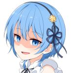  1girl :d black_ribbon blue_eyes commentary_request felutiahime flower_knot frills hair_ornament hair_ribbon highres hololive hoshimachi_suisei looking_at_viewer medium_hair neck_ribbon open_mouth portrait ribbon simple_background smile solo star_(symbol) star_hair_ornament virtual_youtuber white_background 