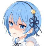  1girl :d black_ribbon blue_eyes felutiahime flower_knot frills frown hair_ornament hair_ribbon highres hololive hoshimachi_suisei looking_at_viewer medium_hair neck_ribbon open_mouth portrait ribbon simple_background smile solo star_(symbol) star_hair_ornament virtual_youtuber white_background 