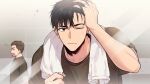  brown_eyes brown_hair brown_shirt expressionless hands_in_hair jeong_taeui kangjak looking_at_mirror male_focus mirror one_eye_closed passion_(manhwa) shirt solo_focus tagme tile_wall tiles towel wet wet_hair white_towel 