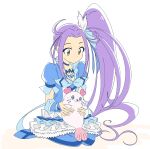  1girl blue_eyes brooch brown_eyes cheek_bulge cure_beat frills heart heart_in_eye highres holding jewelry kurokawa_eren kururun_(precure) long_hair magical_girl parted_hair precure puffy_short_sleeves puffy_sleeves purple_hair seal_(animal) seiren_(suite_precure) semham short_sleeves side_ponytail sitting skirt suite_precure symbol_in_eye tropical-rouge!_precure very_long_hair wariza 