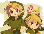  2boys 2girls :d ahoge arms_behind_back artist_name bandana belt belt_buckle black_eyes blonde_hair blue_eyes blue_jacket blush brown_belt buckle closed_mouth collared_shirt commentary_request dress dual_persona green_background green_headwear green_shirt green_tunic hat highres jacket layered_sleeves link long_sleeves looking_at_viewer multiple_boys multiple_girls open_mouth parted_bangs pointy_ears princess_zelda red_bandana shirt short_hair short_over_long_sleeves short_sleeves sidelocks simple_background sleeveless sleeveless_jacket smile smirk tan tetra the_legend_of_zelda the_legend_of_zelda:_ocarina_of_time the_legend_of_zelda:_the_wind_waker tokuura toon_link triforce tunic twitter_username v-shaped_eyebrows white_background white_headwear young_link young_zelda 