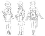  1girl ankle_boots arrow_(projectile) backpack bag boots bow cross-laced_footwear from_behind from_side hair_bow lineart long_sleeves monochrome multiple_views nishihara_isao original pleated_skirt reference_sheet school_uniform serafuku shirt_under_shirt short_hair skirt smile thigh-highs turnaround turtleneck two_side_up zettai_ryouiki 