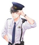  1boy belt black_belt black_hair blue_necktie brown_eyes hand_on_headwear hand_on_own_hip hand_up hibiya_souhei male_focus necktie pocket police police_uniform policeman ponkotsu_keisatsukan_wa_watashi_ni_muchuu shirt smile ueno_haruki uniform walkie-talkie watch watch white_background white_shirt 