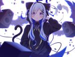  1girl amane_kanata animal_ear_headwear black_hoodie black_ribbon blue_hair blurry blurry_background blurry_foreground blush chromatic_aberration commentary_request creature debris drawstring eyes_visible_through_hair feathered_wings grey_shirt hair_ornament hair_ribbon hairclip hand_in_pocket hand_up headphones highres hololive hood hood_up hoodie jewelry light_blue_hair long_hair long_sleeves looking_at_viewer low-tied_long_hair multicolored_hair neck_ribbon necklace official_alternate_costume official_alternate_hair_length official_alternate_hairstyle parted_lips purple_hair ribbed_shirt ribbon safety_pin seek_arrow shirt single_hair_intake straight-on streaked_hair subwoofer tail tail_raised triangle_mouth two-tone_ribbon two_side_up upper_body violet_eyes virtual_youtuber white_background white_wings wings 