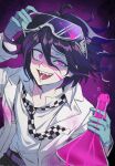  1boy arm_up black_background black_hair bottle checkered_necktie coat collarbone danganronpa_(series) danganronpa_v3:_killing_harmony fangs gloves goggles goggles_on_head green_gloves hair_between_eyes hand_up highres holding holding_bottle lab_coat multicolored_hair necktie open_clothes open_coat open_mouth ouma_kokichi pink_background pink_eyes pink_hair shirt solo teeth ttegi_(ddeck_dg) two-tone_hair white_shirt 