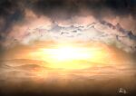  absurdres chinese_commentary clouds cloudy_sky commentary_request highres light_particles no_humans original rune_xiao scenery signature sky still_life sun sunset 