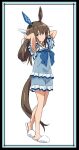  admire_vega_(umamusume) alternate_costume animal_ears arm_behind_head armpits arms_up brown_hair commentary_request highres horse_ears horse_girl horse_tail long_hair looking_at_viewer pajamas ponytail ribbon simple_background slippers standing tail umamusume white_background yamazaki_jun 