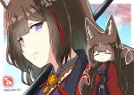  1girl ^_^ amagi_(azur_lane) animal_ear_fluff animal_ears azur_lane blunt_bangs bridal_gauntlets brown_hair closed_eyes commentary_request eyeshadow fox_ears fox_girl fox_tail hair_ornament japanese_clothes kitsune kyuubi long_hair looking_at_viewer makeup multiple_tails own_hands_together red_eyeshadow short_sleeves sidelocks signature smile solo stick tail taisa_(kari) thick_eyebrows twitter_username v_arms violet_eyes wide_sleeves 